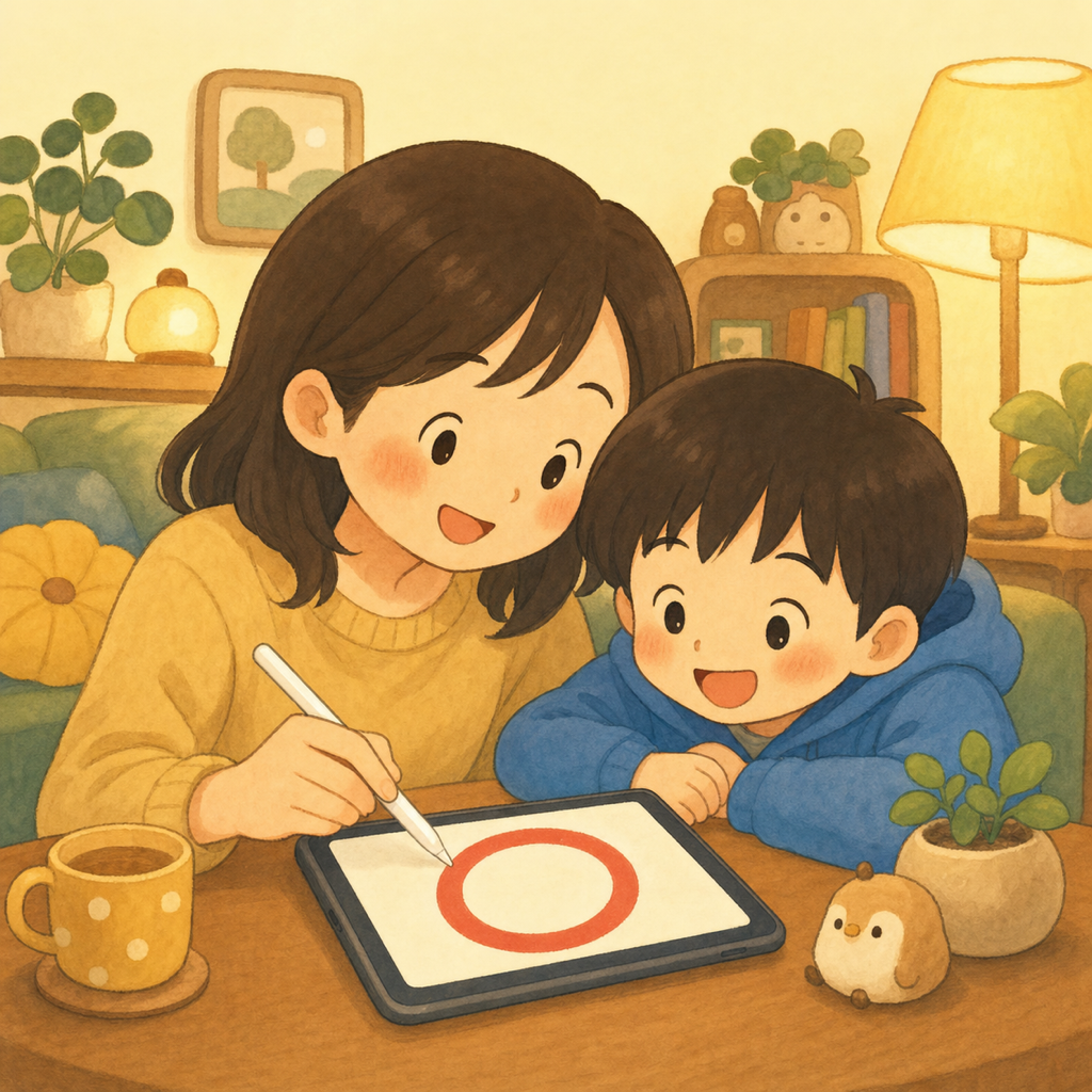 親が子どものとなりで一緒に丸つけしている様子